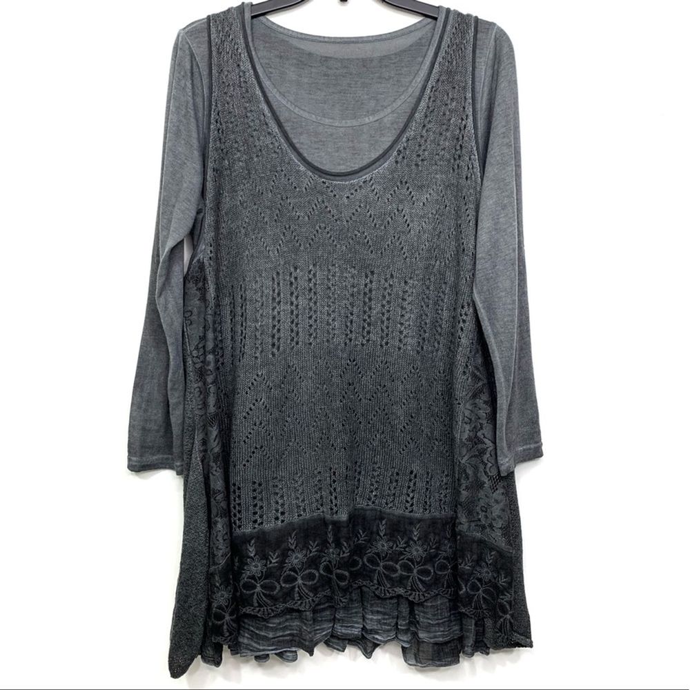 Flora Ashley Blue Long Sleeve Lace & Knit Tunic Size M